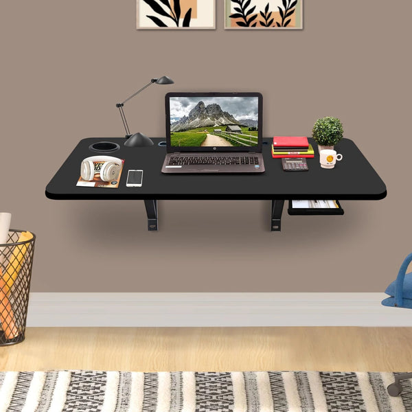 wow craft Wall-Mounted Multipurpose Study Table for Home & Office | Foldable Wooden Desk with Drawer, Cable Slot & Cup Holder | Space Saving Workstation