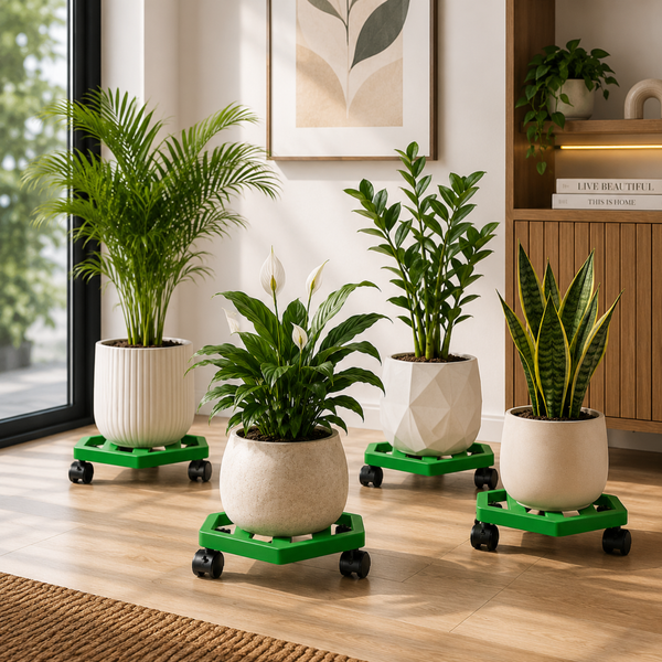 Mighty Home Heavy Duty Metal Plant Stand with Wheels – Rolling Pot Trolley for Indoor & Outdoor Plants, Lockable Casters (Pack of 4)