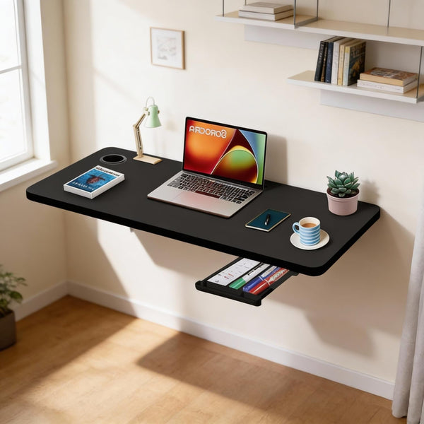 Wow Craft Wall-Mounted Foldable Study Table for Home & Office – Multipurpose Wooden Workstation with Drawer, Cable Management Slot & Cup Holder | Space-Saving Compact Desk Solution