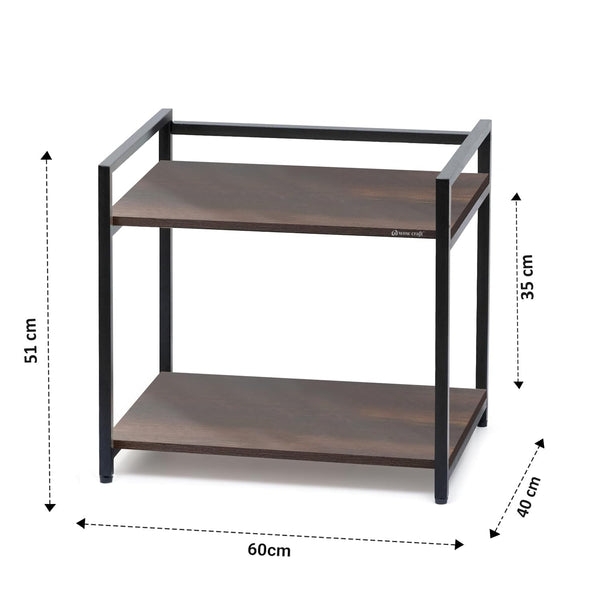 Wow Craft 2-Layer Multipurpose Microwave & OTG Oven Stand | Engineered Wood & Metal Kitchen Storage Rack with Black Pipe Design