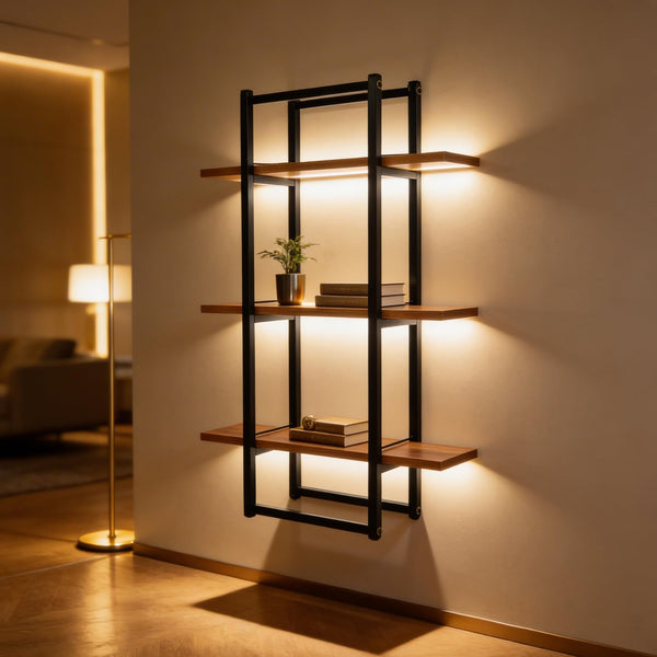 Mighty Home Floating Wall Shelf, Metal Frame Wooden Shelves, 3 Tier Wall Mounted Organizer, Books Plants Decor, Home and Office Storage