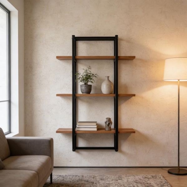 Mighty Home Floating Wall Shelf, Metal Frame Wooden Shelves, 3 Tier Wall Mounted Organizer, Books Plants Decor, Home and Office Storage