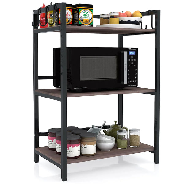 Wow craft 3-Layer Multipurpose Microwave Oven Stand & OTG Rack | Floor-Mount Kitchen Storage Shelf with Black Pipe Design | Crafted with Engineered Wood & Metal | (90x60x40cms