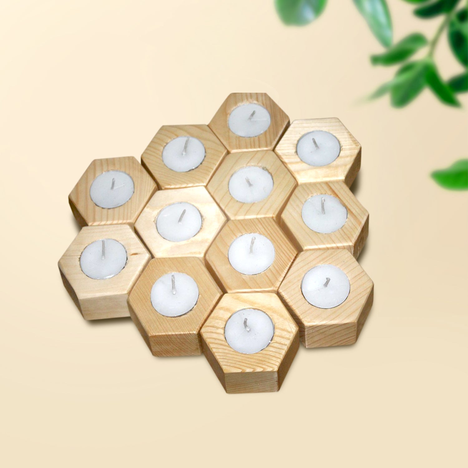 Wow-Craft Wooden Hexagon Shape Tea Light Candle Holder With Candle (Pack Of 12)